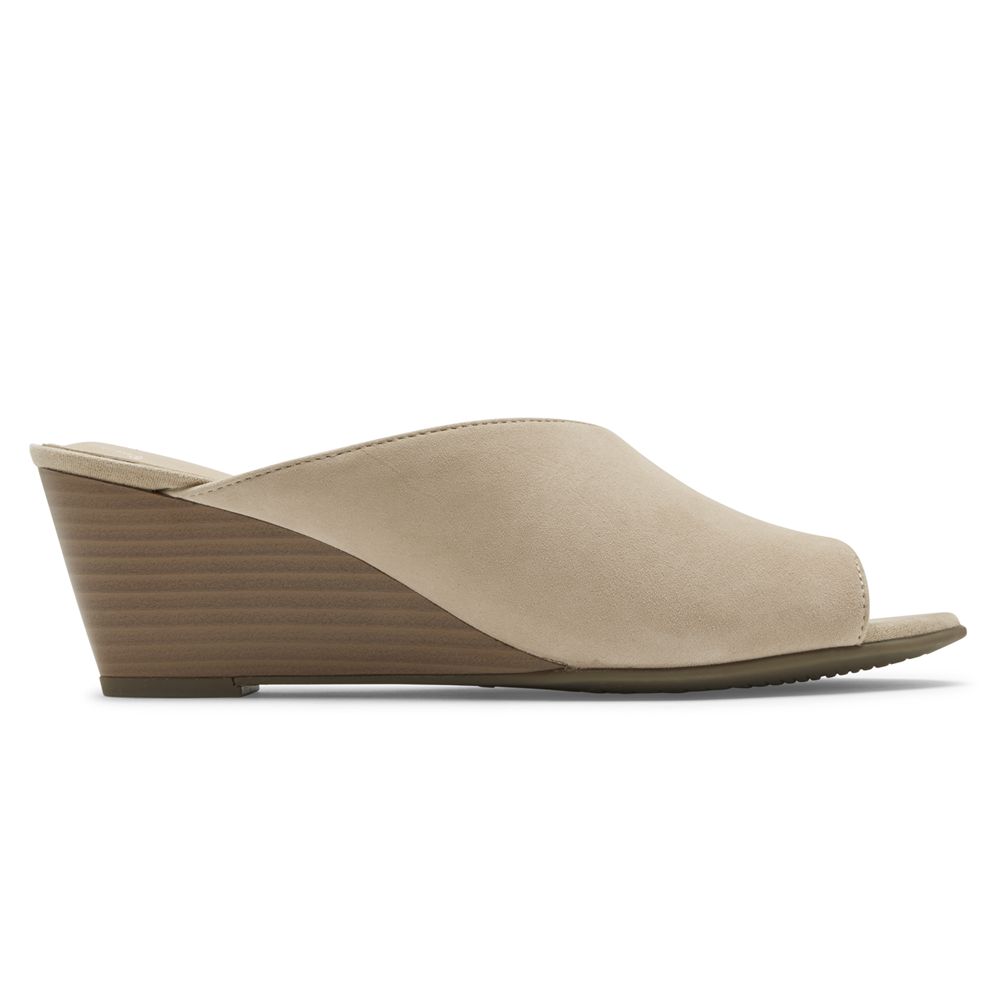 Rockport Women's Total Motion Taylor Asymmetrical Wedges Slides - Beige - USA (7428KGXJH)